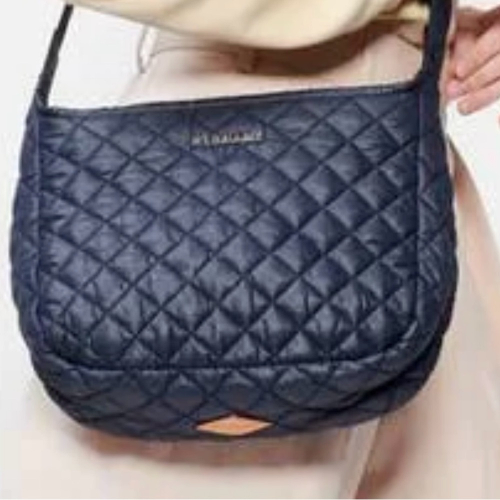 MZ Wallace Quilted Navy Blue Shoulder/Crossbody Bag with Tan Leather Trim - Picture 8 of 16